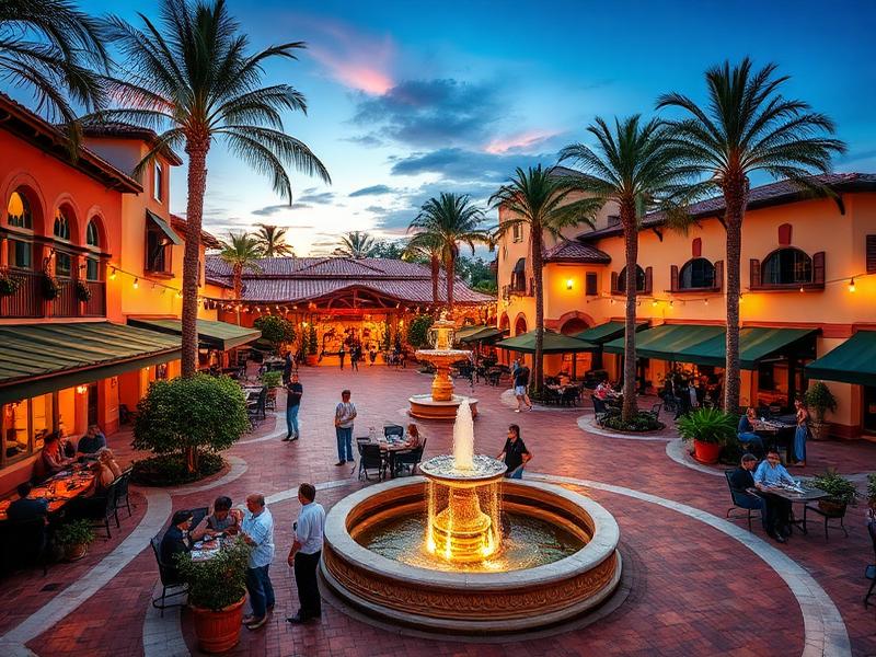 Town square entertainment in The Villages with restaurants, fountain, and live atmosphere